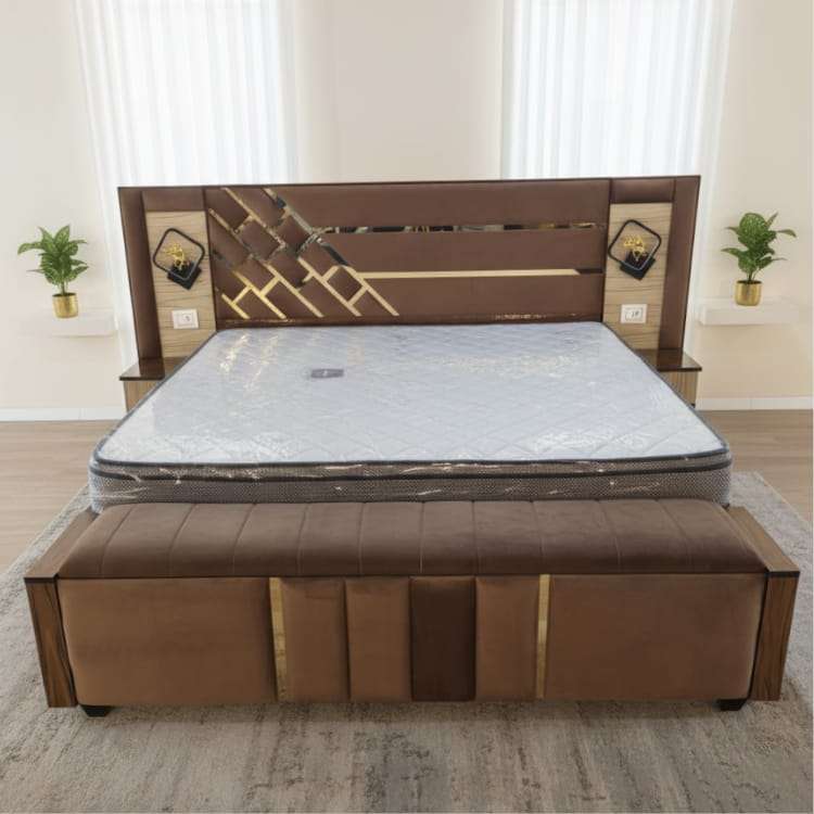 Dusty Pink Designer King Size Bed with Golden Panel Headboard and Storage